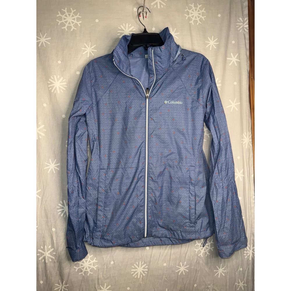 Columbia Womens Blue Geometric Print Full Zip Hooded Windbreaker Jacket Large